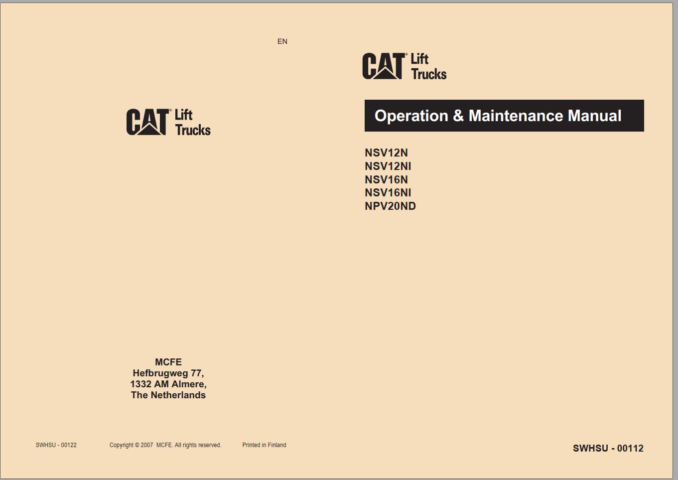 CAT Forklift NSV16NS Service Operation Maintenance Manual