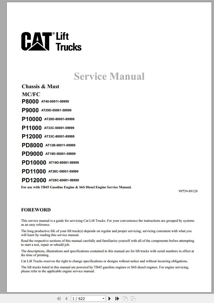 CAT Forklift P10000 P11000 P12000 Schematic Service Operation Maintenance Manual