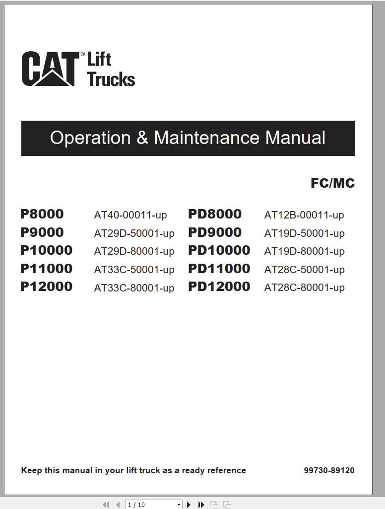 CAT Forklift P9000 Operation Maintenance Manual
