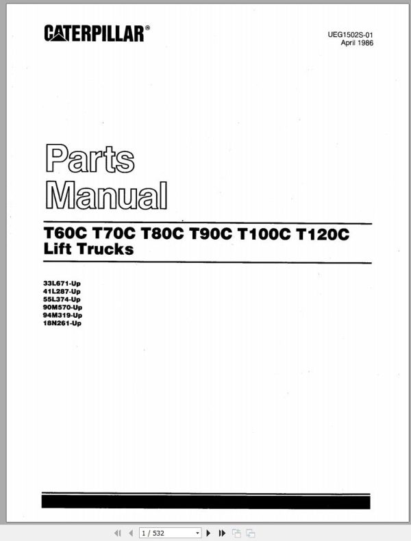 CAT Forklift T100C Spare Parts Manual