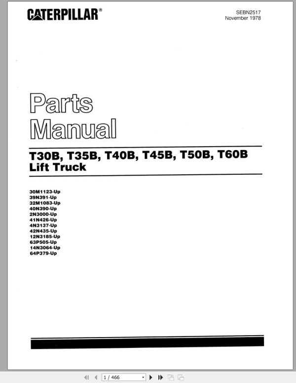 CAT Forklift T40B T45B T50B T60B Spare Parts Manual