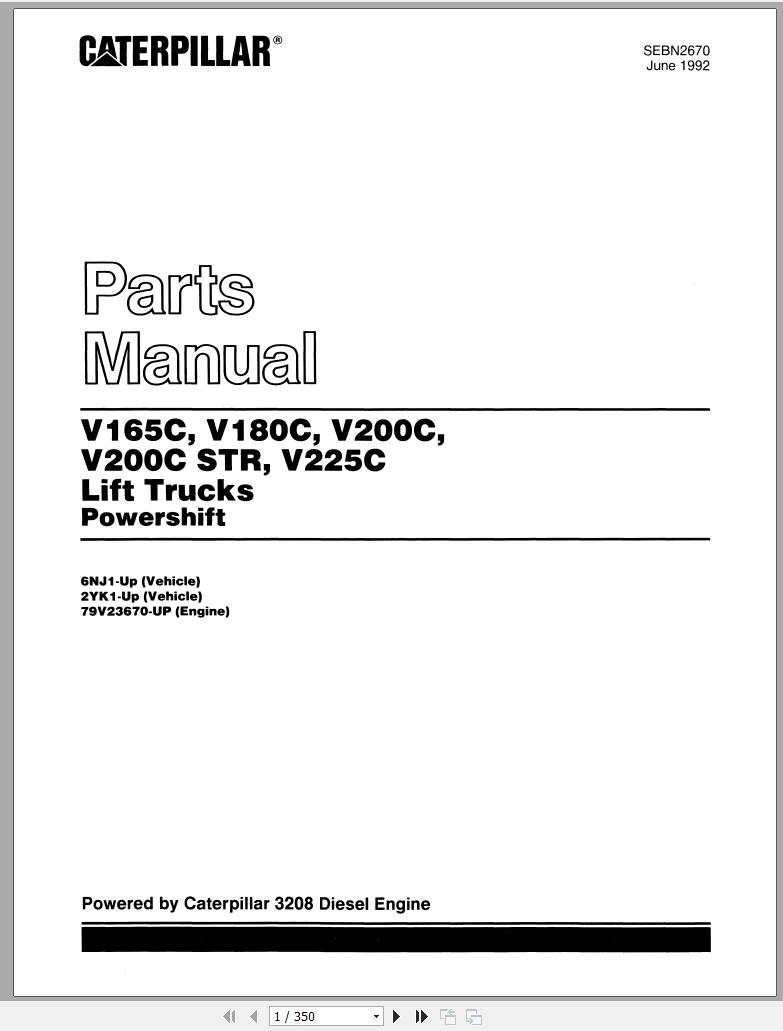 CAT Forklift V165C V180C V200C V200C STR V225C Spare Parts Manual