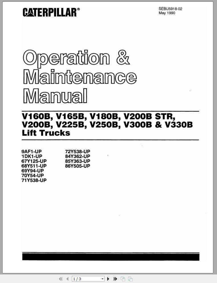 CAT Forklift V225B Operation Maintenance Manual