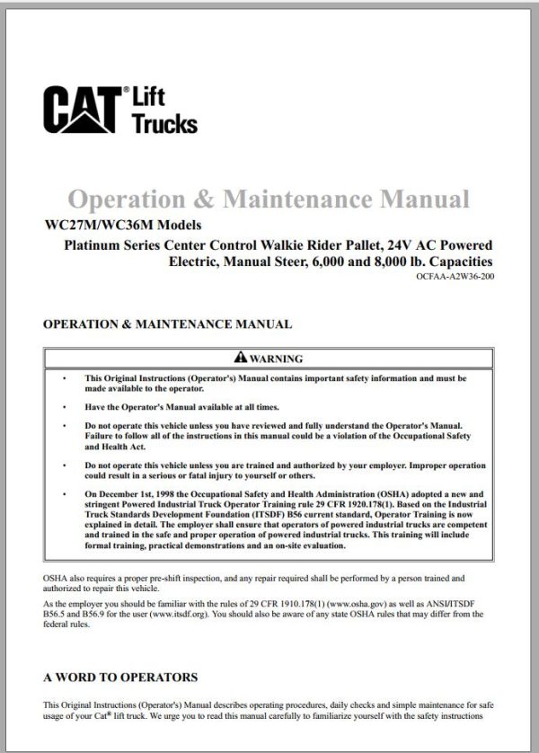 CAT Forklift WC27BM WC36BM Service Operation Maintenance Manual