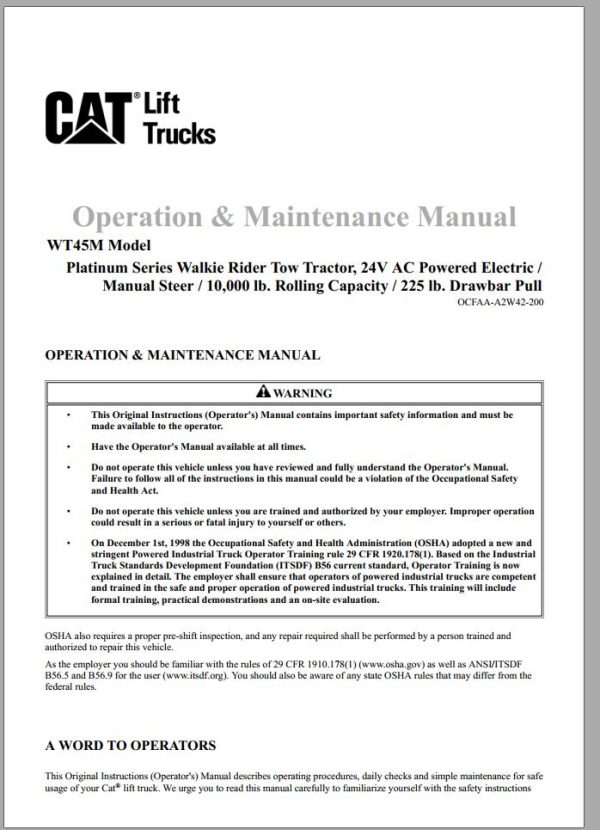 CAT Forklift WT45BM Service Operation Maintenance Manual