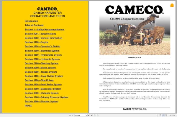 Cameco Harvester CH3500 Operations and Tests Manual