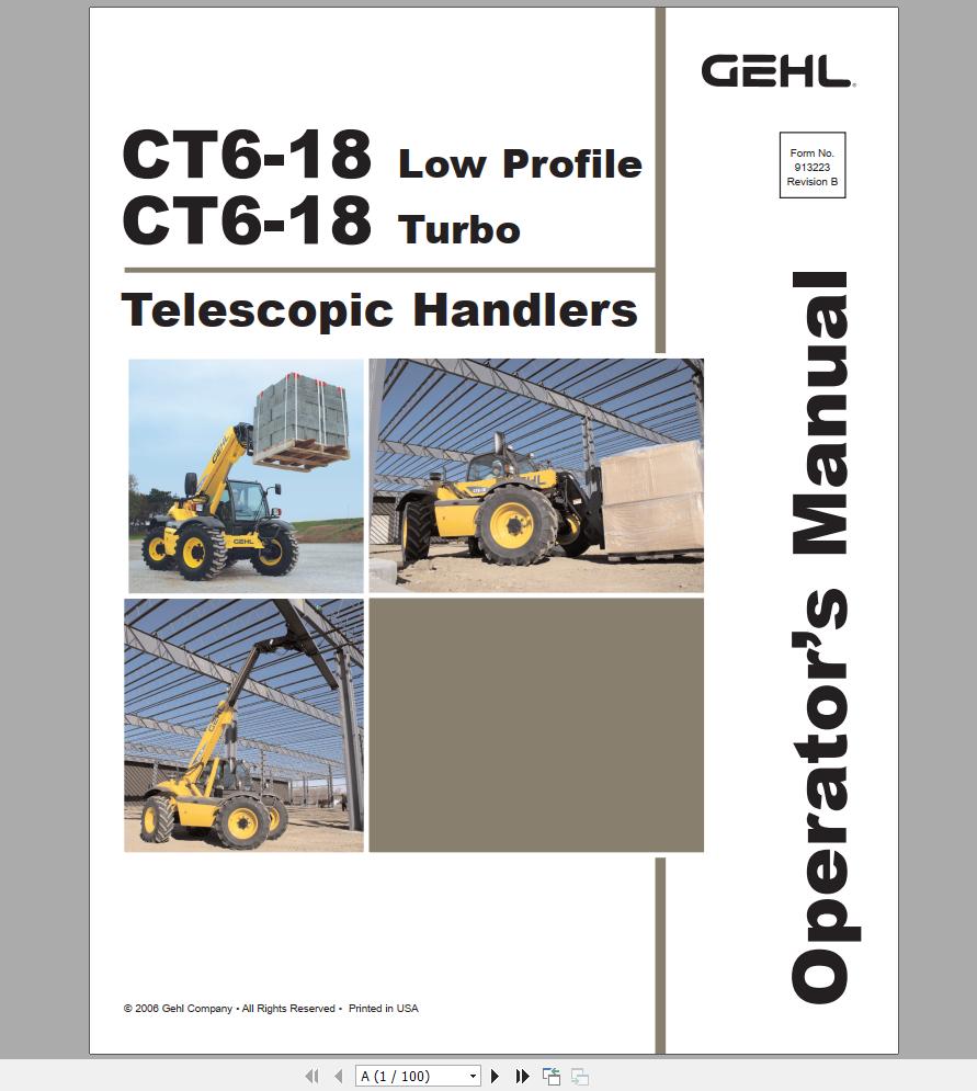 Gehl Telescopic Handler CT6 18 Turbo Low Profile SN 020101 to 263329 Operators Manual 913223 1