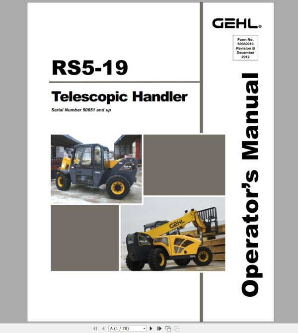 Gehl Telescopic Handler RS5 19 SN 50651 to 50950 Operators Manual 50960010 12 1