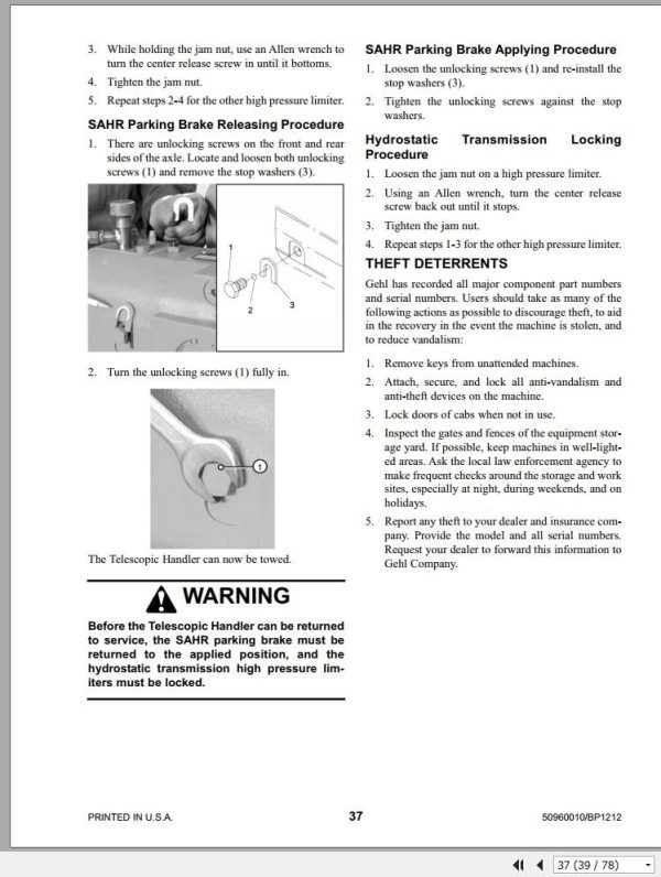 Gehl Telescopic Handler RS5 19 SN 50651 to 50950 Operators Manual 50960010 12 2