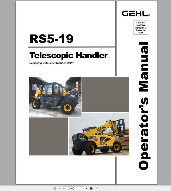Gehl Telescopic Handler RS5 19 SN 50951 to 51800 Operators Manual 50960066 12 1