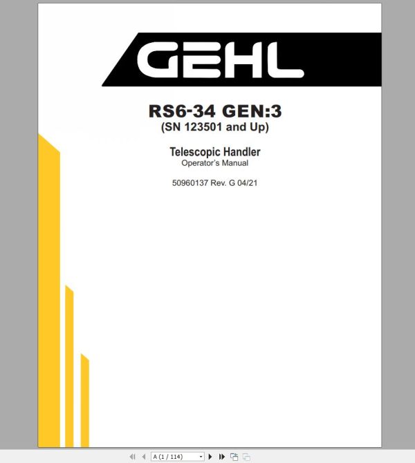 Gehl Telescopic Handler RS6 34 GEN3 SN 123501 and Up Operators Manual 50960137 04 1