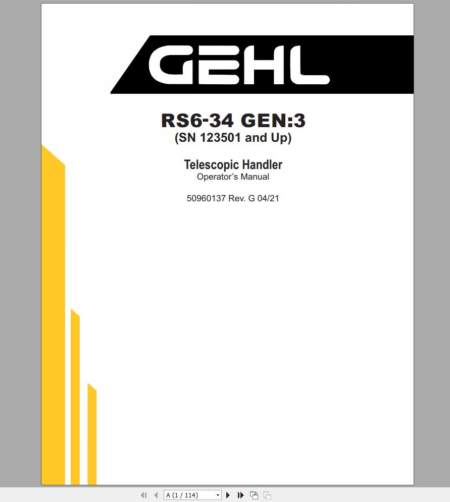 Gehl Telescopic Handler RS6 34 GEN3 SN 123501 and Up Operators Manual 50960137 04 1