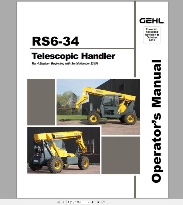 Gehl Telescopic Handler RS6 34 Tier 4 Engine Operators Manual 50960083 10 1