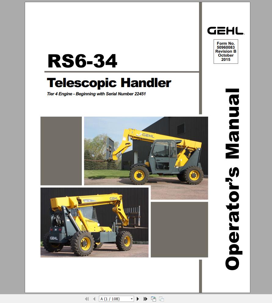 Gehl Telescopic Handler RS6 34 Tier 4 Engine Operators Manual 50960083 10 1