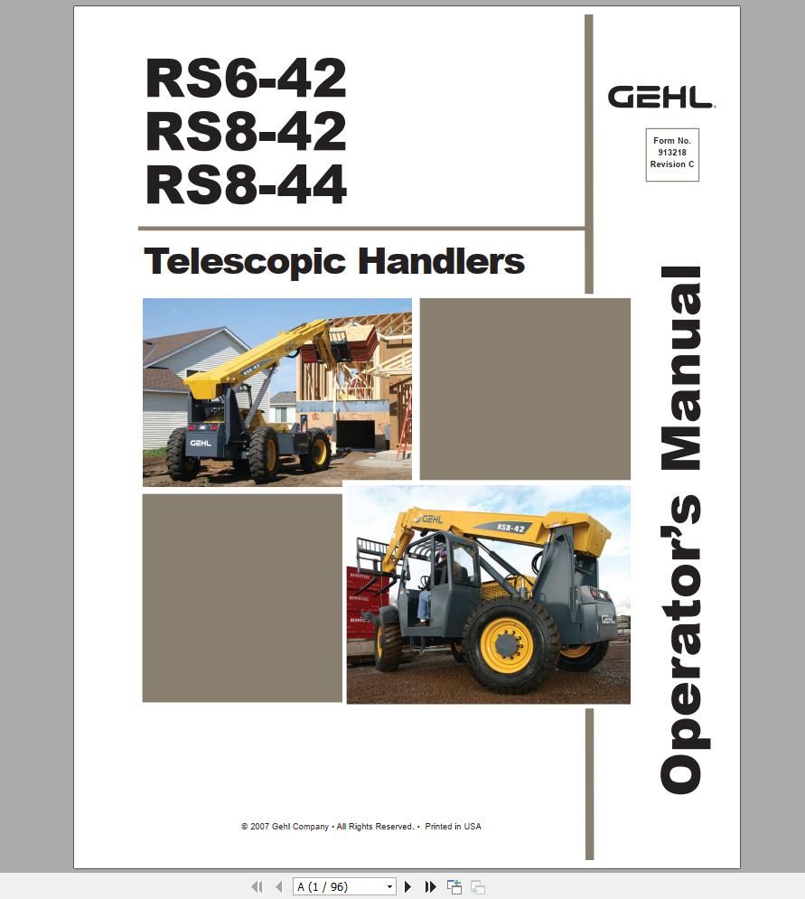 Gehl Telescopic Handler RS6 42 RS8 42 RS8 44 Operators Manual 913218C 2007 1