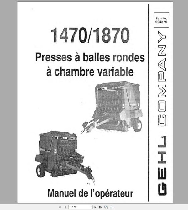 Gehl Variable Chamber RB1470 RB1870 Operators Manual 904579A FR 1