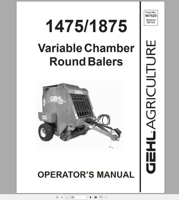 Gehl Variable Chamber Round Balers RB1475 RB1875 Operators Manual 907520C 1