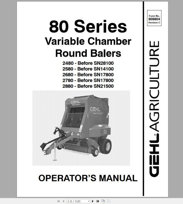 Gehl Variable Chamber Round Balers RB2480 RB2580 RB2680 RB2780 RB2880 Operators Manual 909804C 1