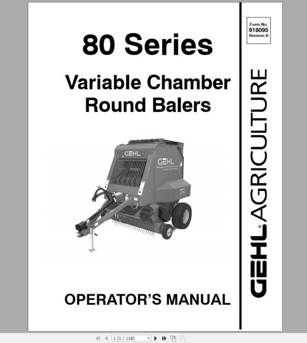 Gehl Variable Chamber Round Balers RB2480 RB2580 RB2680 RB2780 RB2880 Operators Manual 918095B 1
