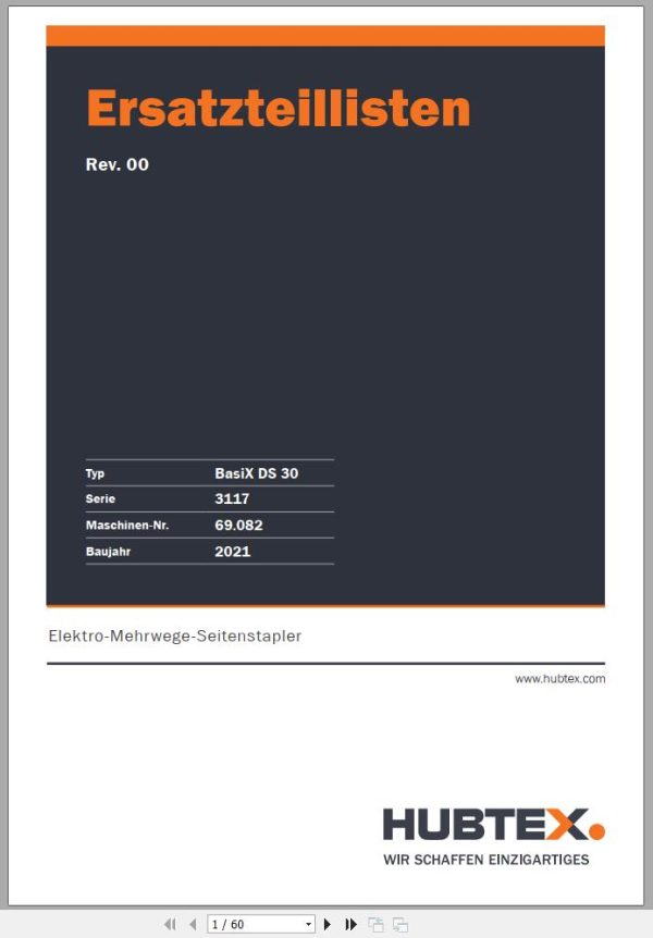 Hubtex Forklift BasiX DS 30 3117 Parts Manual Operating and Maintenance Manual 2021 DE