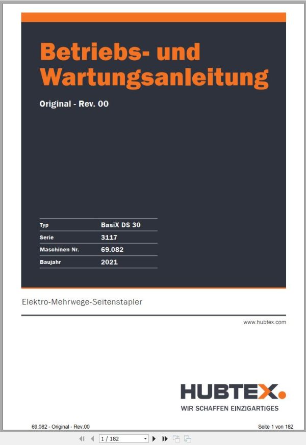 Hubtex Forklift BasiX DS 30 3117 Parts Manual Operating and Maintenance Manual 2021 DE 1