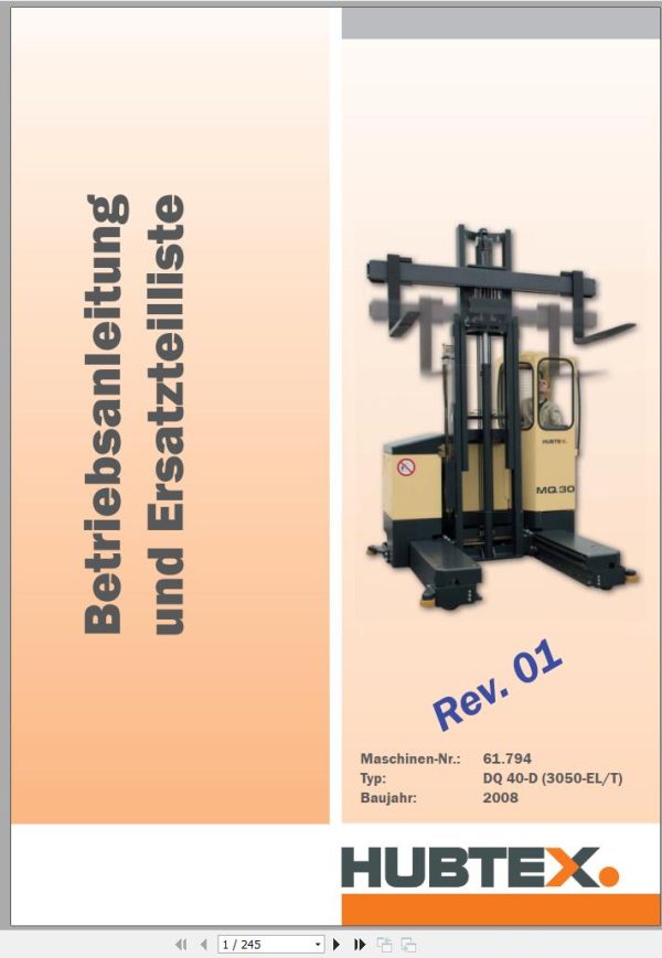 Hubtex Forklift DQ 40 D 3050 Parts Manual Operating Manual 2008 DE