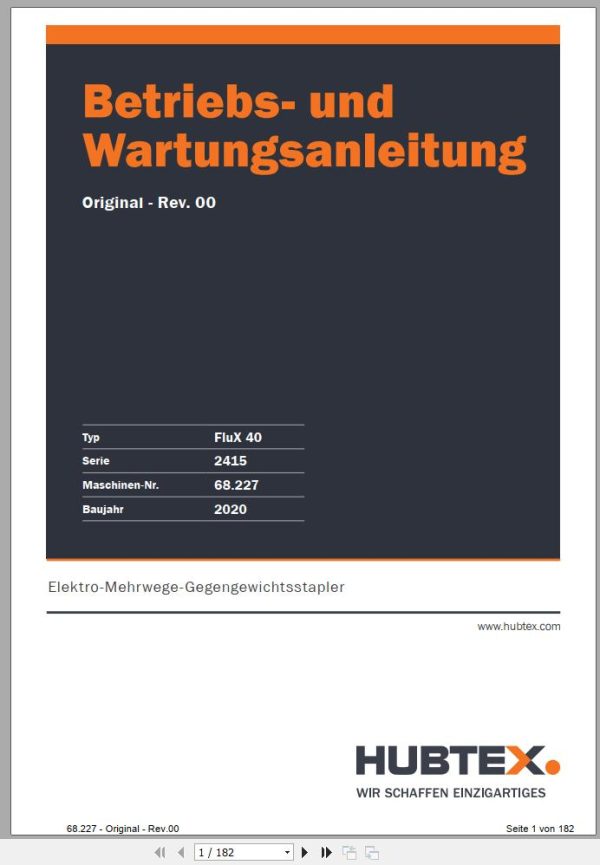 Hubtex Forklift FluX 40 2415 Parts Manual Service Manual Operating and Maintenance Manual 2020 DE