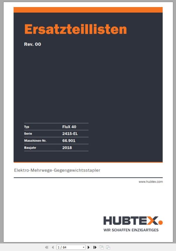 Hubtex Forklift FluX40 2415 EL Parts Manual Service Manual Operating and Maintenance Manual 2018 EN DE