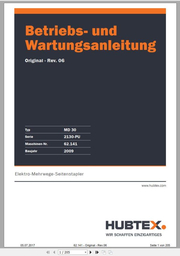 Hubtex Forklift MD 30 2130 PU Parts Manual Operating and Maintenance Manual 2009 DE