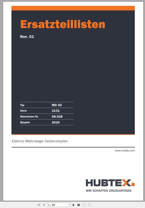 Hubtex Forklift MD 50 2131 Parts Manual Service Manual Operating and Maintenance Manual 2020 DE 1
