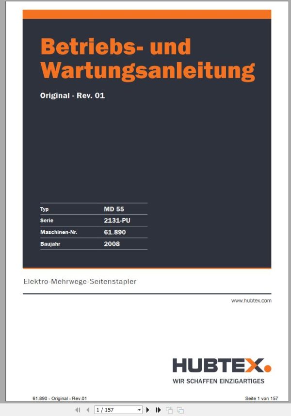 Hubtex Forklift MD 55 2131 PU Parts Manual Service Manual Operating and Maintenance Manual 2008 EN DE