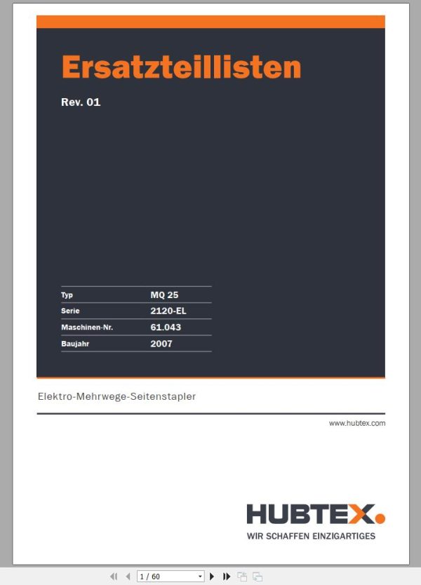 Hubtex Forklift MQ 25 2120 EL Parts Manual Service Manual Operating and Maintenance Manual 2007 EN DE PL