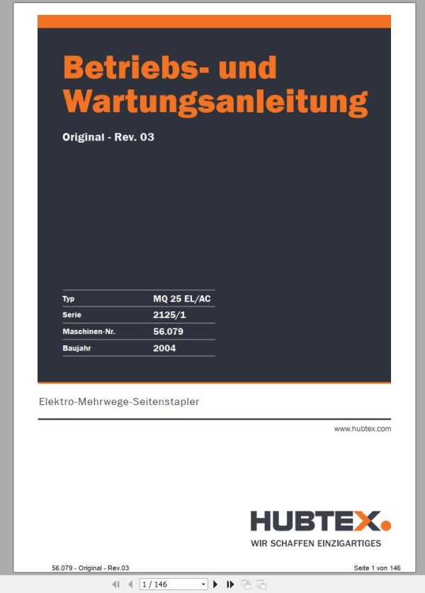 Hubtex Forklift MQ 25 EL AC 2125 1 Parts Manual Service Manual Operating and Maintenance Manual 2004 EN DE