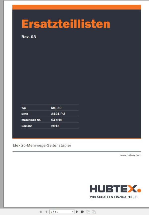 Hubtex Forklift MQ 30 2121 PU Parts Manual Service Manual Operating and Maintenance Manual 2013 EN DE 1