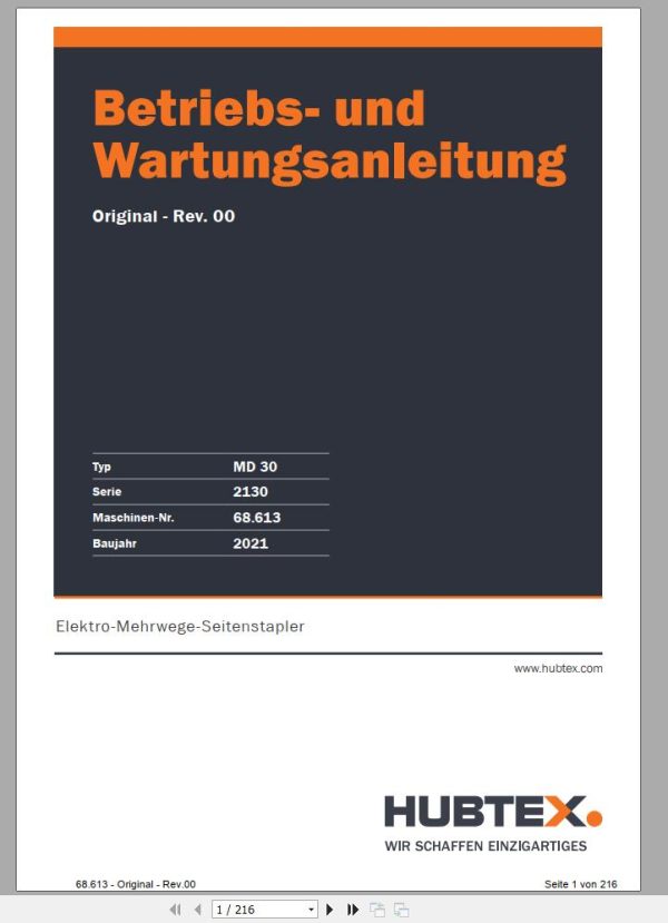 Hubtex Forklift MQ 30 2130 Parts Manual Service Manual Operating and Maintenance Manual 2021 EN DE 1