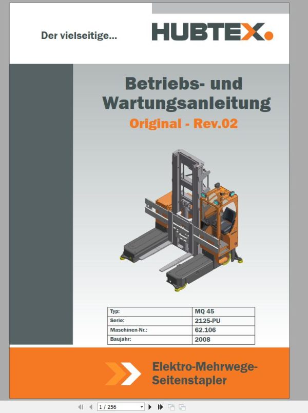 Hubtex Forklift MQ 45 2125 PU Parts Manual Operating Manual 2008 DE