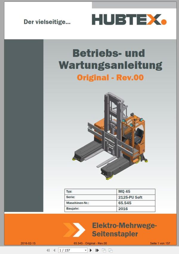 Hubtex Forklift MQ 45 2125 PU Soft Parts Manual Operating and Maintenance Manual 2016 DE 1