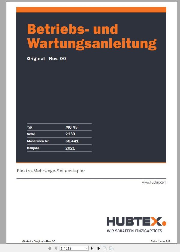 Hubtex Forklift MQ 45 2130 Parts Manual Service Manual Operating and Maintenance Manual 2021 EN DE