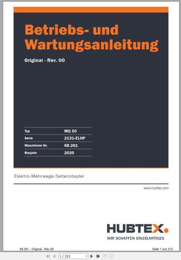 Hubtex Forklift MQ 50 2131 ELHP Parts Manual Service Manual Operating Manual 2020 EN DE