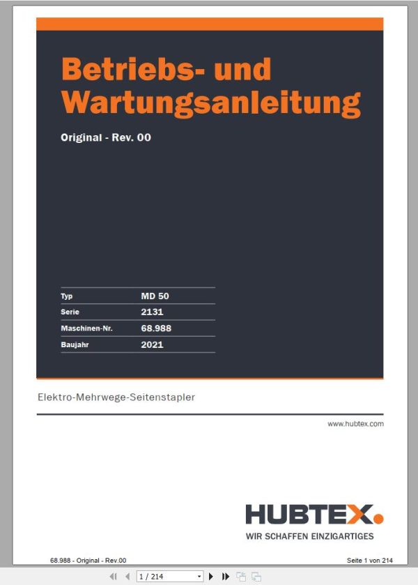 Hubtex Forklift MQ 50 2131 Parts Manual Service Manual Operating and Maintenance Manual 2021 EN DE