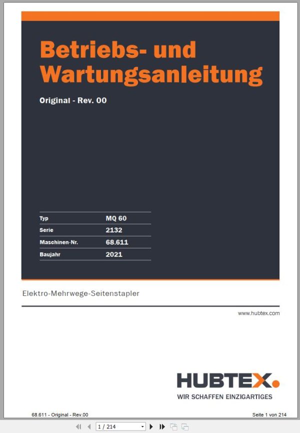 Hubtex Forklift MQ 60 2132 Parts Manual Operating and Maintenance Manual 2021 DE