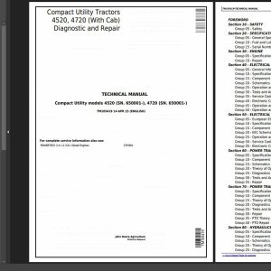 John Deere 4520 4720 Compact Utility Tractors With Cab Technical Service Manual TM105419 1