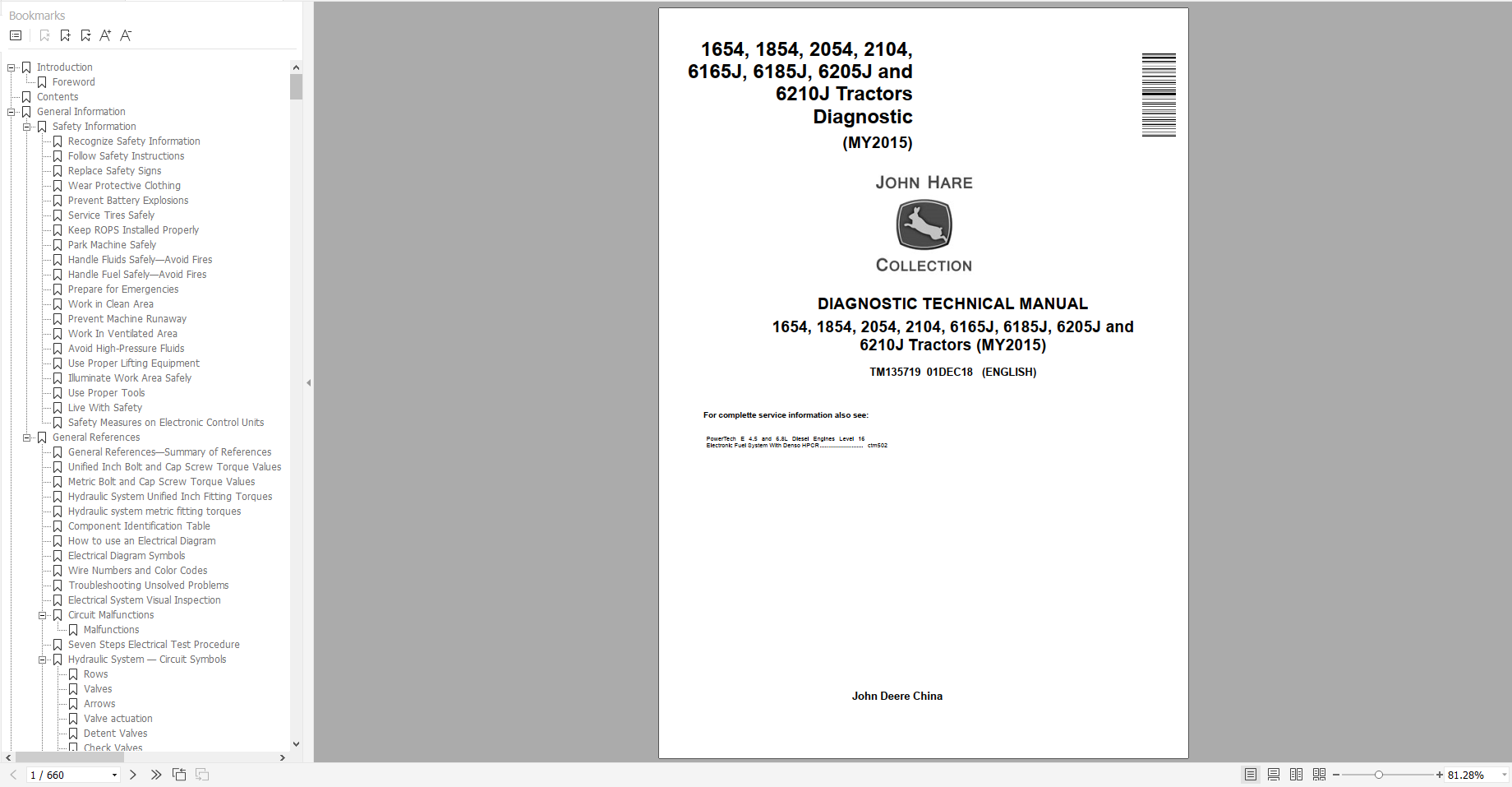 John Deere 6165J6J 1654 6185J6J 1854 6205J6J 2054 6210J6J 2104 Tractors Diagnostic Technical Manual TM135719 1