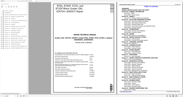 John Deere Motor Grader 870G 870GP 872G 872GP Repair Technical Manual TM12146 1