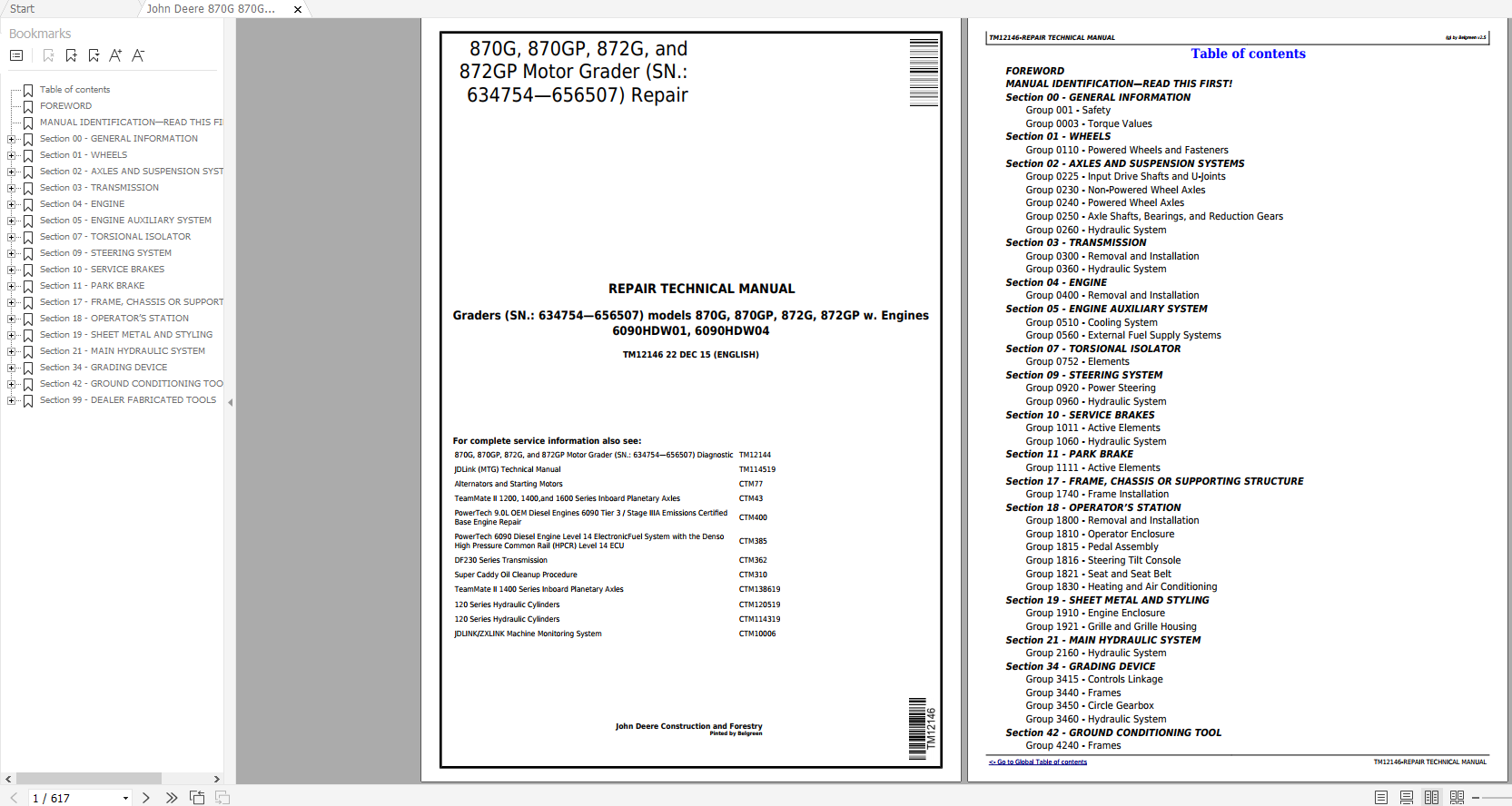 John Deere Motor Grader 870G 870GP 872G 872GP Repair Technical Manual TM12146 1