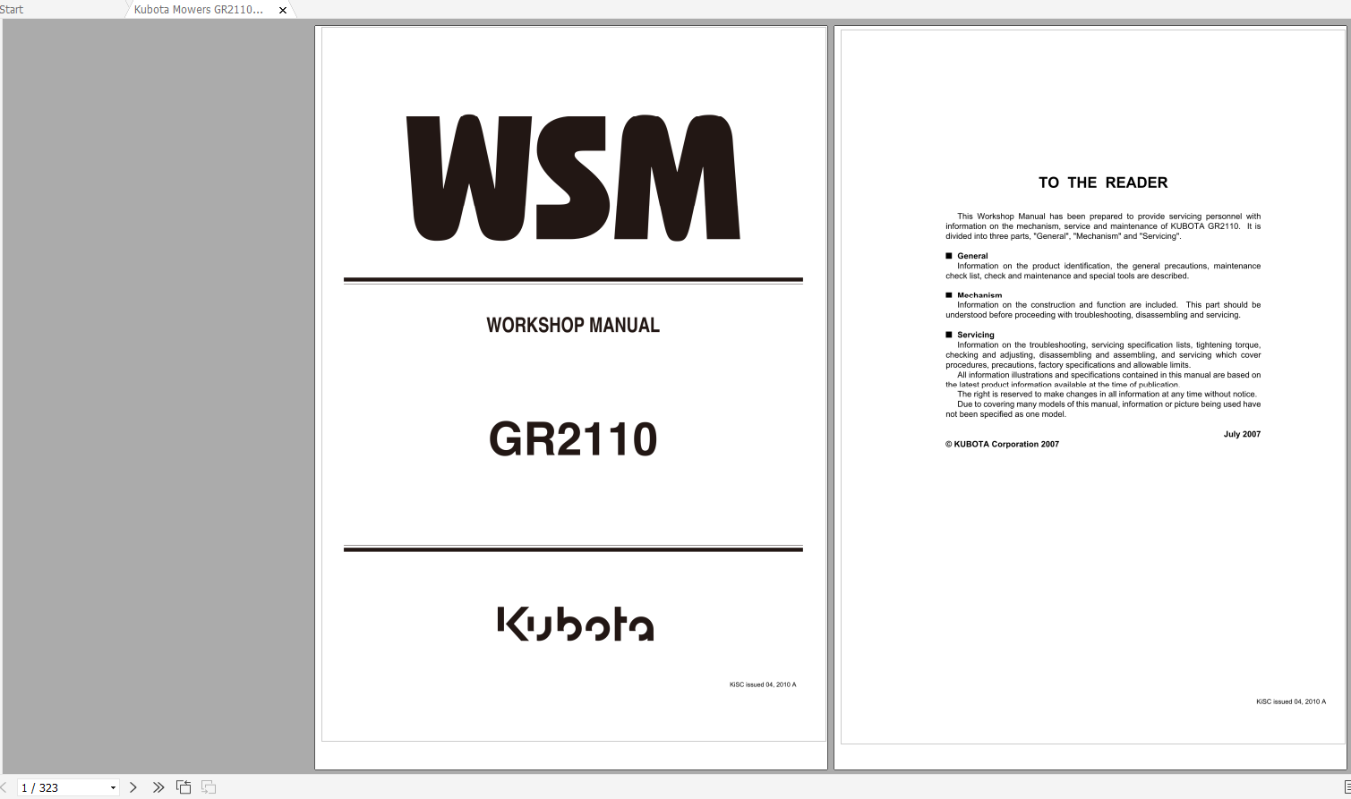 Kubota Mowers GR2110 Workshop Manual EN 1