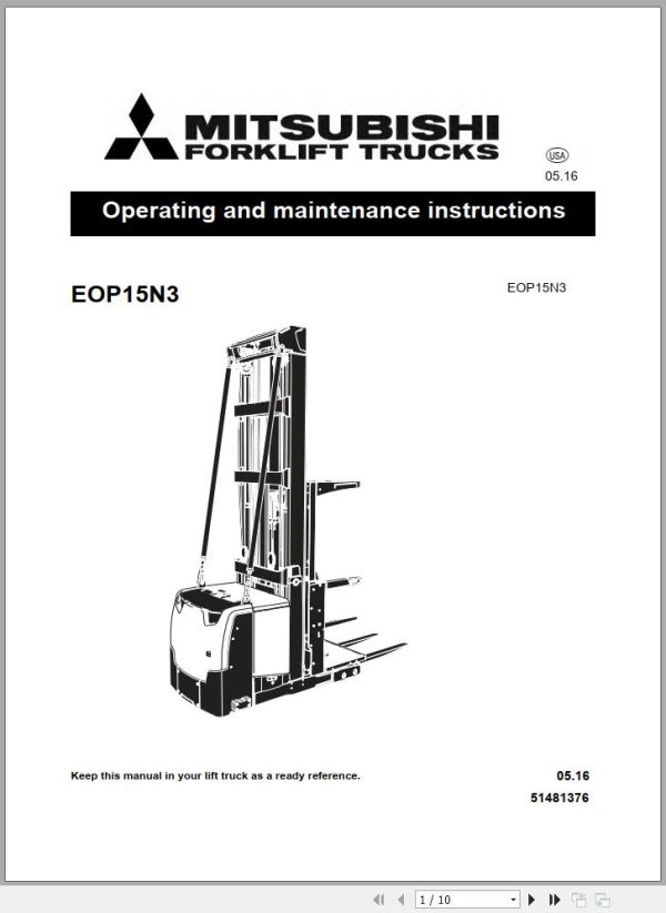 Mitsubishi Forklift EOP15N3 2016 Operation and Maintenance Manual