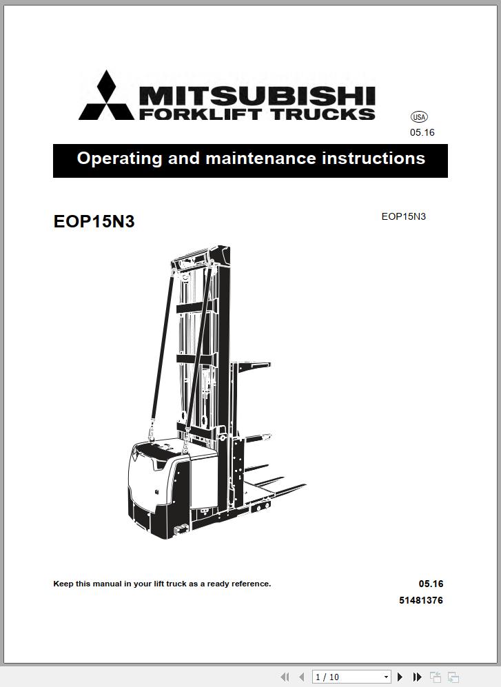 Mitsubishi Forklift EOP15N3 2016 Operation and Maintenance Manual