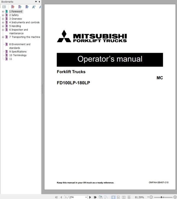 Mitsubishi Forklift FD100L12P FD100L12PM Diagrams Operation and Maintenance Manual Service Manual EN FR ES 1