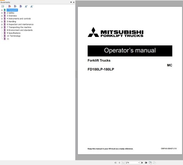 Mitsubishi Forklift FD100L6P Diagrams Operation and Maintenance Manual Service Manual EN FR ES